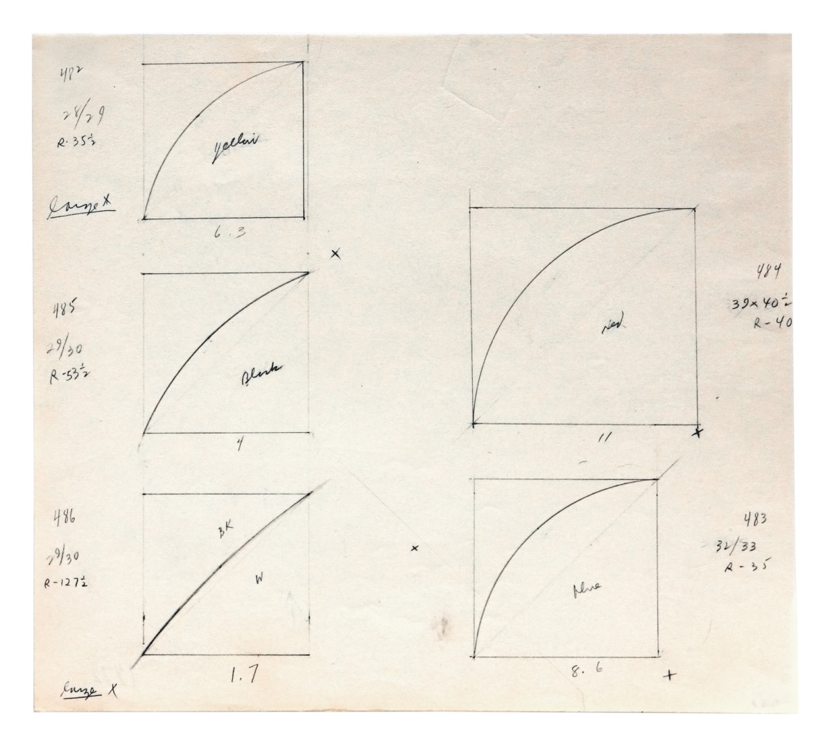 <p><em>Five Studies for 1st Curve Series</em>, 1972<br />
Graphite on paper</p>