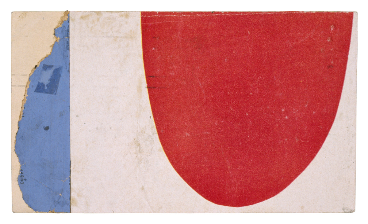 <p><em>Gauloise Blue with Red Curve</em>, 1954<br />Collage on postcard</p>