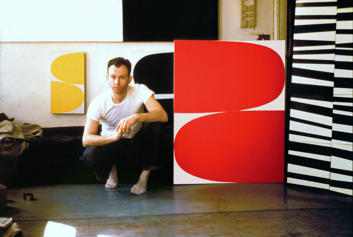 <p>Kelly with <em>Red Curves</em> in his studio, New York, 1954</p>