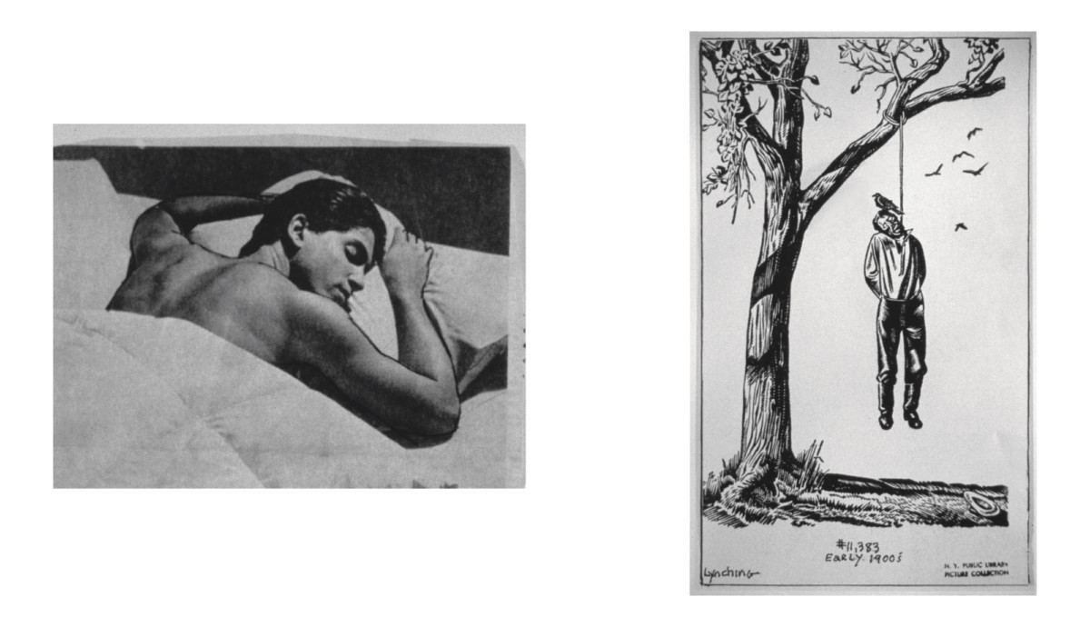 <p>Source material for <em>Hanging Man/Sleeping</em> <em>Man</em> 1989<br />The hanging man is a political illustration from the Picture Collection of the New York Public Library. The sleeping man is part of an advertisement for the New York department store Bloomingdale’s.</p>
