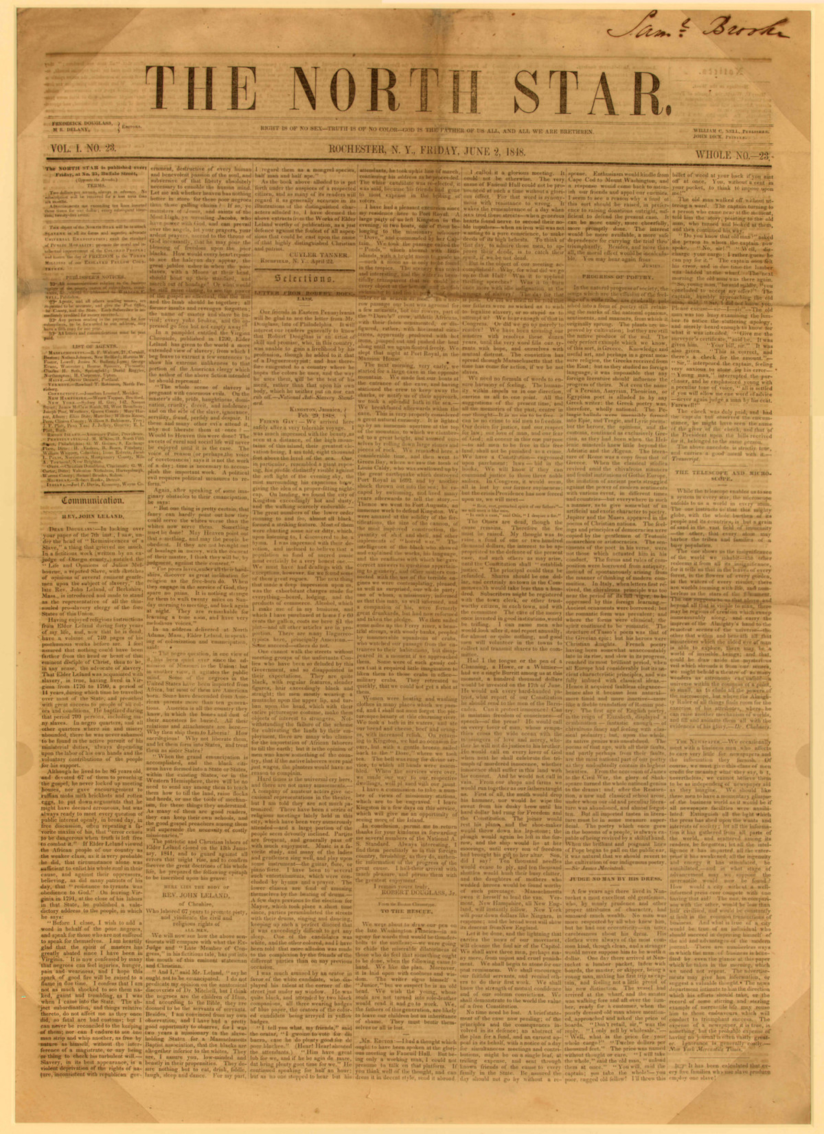 <p>Front page of <em>The North Star</em>, June 2, 1848</p>